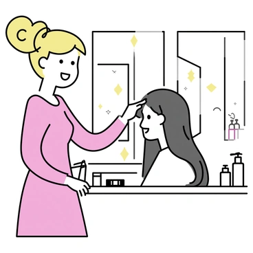 A woman with blonde hair styled in an elegant updo is standing in a trendy beauty salon. She is wearing a pink dress and is demonstrating a new hairstyle on a mannequin with long brown hair. The mannequin is positioned on a counter adorned with various hair styling tools and products. The background features modern salon decor with sleek mirrors and bright lighting.