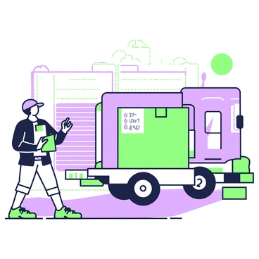 A recipient is standing beside a delivery truck, signing for goods that have just arrived at their location. The truck is parked on a concrete driveway, with a large box visible in the open back, labeled with shipping information. The recipient is wearing a blue cap and a dark jacket, holding a clipboard in their right hand while using a pen in their left hand to sign. In the background, there is a warehouse with large rolling doors, and several pallets stacked nearby. The sky is clear, and the sun is shining brightly above, casting clear shadows on the ground.