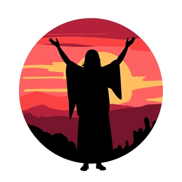 A dark silhouette of a guru stands with arms raised in a meditative pose against a horizon filled with vibrant colors. The sunset features shades of red and orange seamlessly blending together, creating a dramatic backdrop. The guru wears flowing robes that softly sway in the breeze, and their long hair is gently lifted. The landscape behind the guru includes a few dark outlines of distant hills, enhancing the contrast between the figure and the colorful sky.