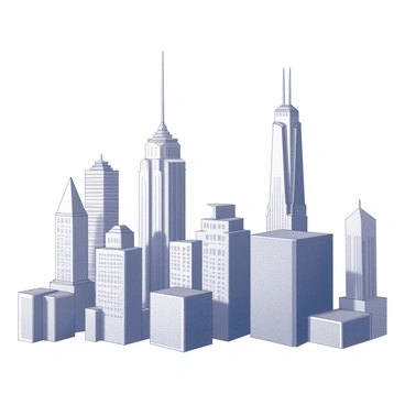 A city skyline featuring a variety of buildings, each uniquely shaped and drawn using oversized pencils. The buildings are tall and have distinctive architectural styles, such as skyscrapers with glass facades and traditional structures with intricate details. Each building is clearly defined by pencil lines, showcasing the texture and shading created by the pencil tips. The scene captures a dynamic interplay of the various structures, forming a cohesive skyline against an empty background.