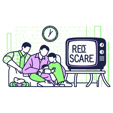 A black-and-white television set is positioned on a wooden stand, displaying a news broadcast about the "Red Scare." The screen features a news anchor speaking, with bold text overlaying the image. In front of the television, a family sits together on a couch. The father, wearing a plaid shirt, is leaning forward with a concerned expression. The mother sits beside him, holding a child on her lap, who gazes curiously at the screen. The other child is sitting on the floor, playing with a toy. The room is cozy, with patterned wallpaper and soft lighting. An old clock can be seen on the wall, adding to the vintage atmosphere.
