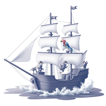 A pirate ship with sails unfurled is navigating through turbulent waves. The ship features a classic stern and a prominent figurehead at the bow. On deck, a variety of animated animals are engaged in various activities. A parrot with vibrant feathers is perched on the ship’s railing, squawking happily. A monkey is swinging from the rigging, while a dog wearing a pirate hat stands at the helm, looking determined. A cat is sitting atop a barrel, lazily observing the crew. In the background, the ocean stretches to the horizon, with foamy waves splashing against the ship's hull.