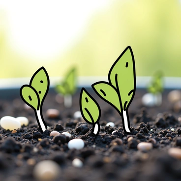 A close-up view of green seedlings sprouting from dark, rich soil in a garden bed. The seedlings have small, tender leaves that are unfolding towards the sunlight. Tiny droplets of water are visible on the leaves, glistening in the light. Surrounding the seedlings are small pebbles and bits of mulch, adding texture to the garden bed. Delicate roots can be seen anchoring the seedlings into the earth. The background is softly blurred to emphasize the vibrant green of the seedlings.