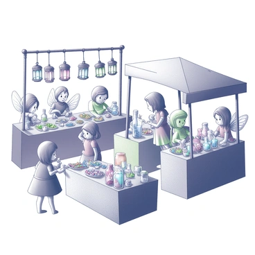 A fairy market filled with various stalls and vendors. Each vendor stands behind their colorful display tables, showcasing an array of tiny, magical trinkets such as shimmering gemstones, intricate charms, and delicate glass bottles. Fairies of different sizes and forms are engaged in lively exchanges, examining the goods and haggling over prices. The scene is lively, with fairies chatting and animated gestures as they barter. Tiny lanterns hang above, illuminating the market in a soft glow, creating a whimsical atmosphere filled with excitement and wonder.