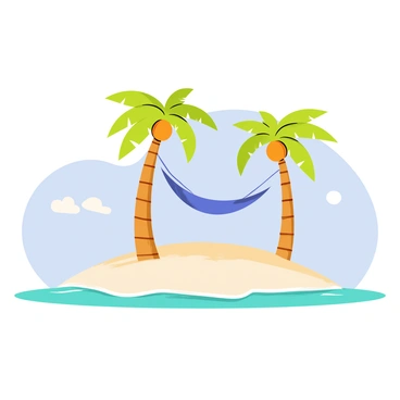 A secluded island with soft, white sandy beaches and lush green palm trees. A hammock is suspended between two tall palm trees, swaying gently in the breeze. The water surrounding the island is a bright turquoise, with gentle waves lapping at the shore. In the background, a clear blue sky is dotted with a few fluffy white clouds. The warm sunlight casts soft shadows on the sand, enhancing the tranquil atmosphere of the scene.