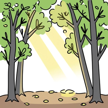 Sunlight streaming through a dense canopy of green leaves, creating intricate patterns of light and shadow on the forest floor. The tree branches are thick and interwoven, with dappled sunlight illuminating patches of rich brown soil and scattered leaves. Various shades of green from the foliage contrast with the warm golden tones of the sunlight, enhancing the natural beauty of the scene.