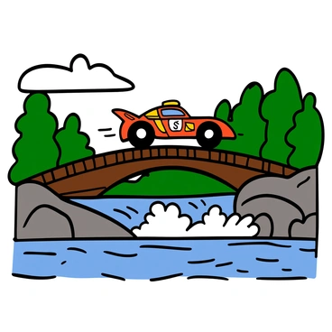 A rally car with a sleek design and bright racing colors speeding across an old wooden bridge. The bridge is weathered and has visible wooden planks, with some parts slightly broken. Below, a rushing river with clear, sparkling water flows rapidly, creating white foam as it crashes against the rocks. In the background, there are dense green trees lining the riverbanks, and the sky is clear with a few fluffy clouds. The scene conveys a sense of adventure and excitement as the car navigates the rugged terrain.