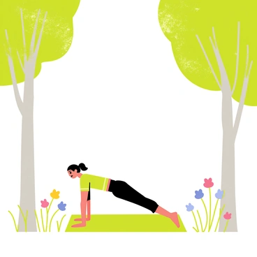 An individual in athletic wear is performing a plank position on a green yoga mat. The person is positioned on their stomach, supported by their forearms and toes. Surrounding the individual are tall trees with lush green leaves, creating a natural frame. The ground is covered in soft grass, with dappled sunlight filtering through the branches above, casting gentle shadows. A few colorful wildflowers are scattered around the clearing, adding vibrant accents to the scene.