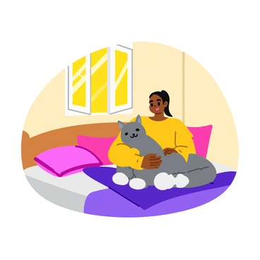 A person sitting on a neatly made bed, gently hugging a fluffy gray cat with white paws. The cat appears content, with its eyes half-closed. Sunlight streams through a large window, casting warm golden rays across the room. Soft, pastel-colored blankets are draped over the bed, and a few cushions are arranged casually around the person. The walls are painted a light color, enhancing the bright and cozy atmosphere of the scene.
