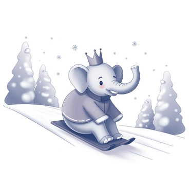 An elephant wearing a small crown and a colorful coat is sitting on a sled, gliding down a snow-covered hill. The hill has a gentle slope, with a smooth blanket of white snow. Snowflakes are falling delicately around him, creating a soft and peaceful atmosphere. In the background, there are snow-covered trees, some decorated with ornaments. The scene captures a joyful winter day with the elephant enjoying the thrill of sledding.