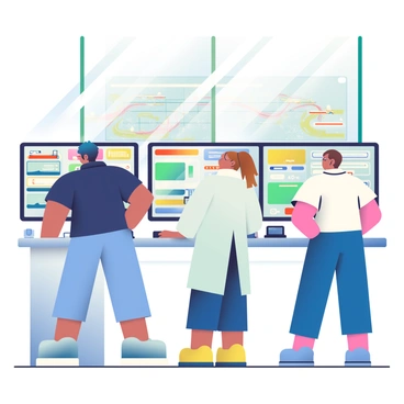 A group of engineers is standing in a control room, attentively monitoring a modern train system. The engineers have diverse appearances, with one having dark hair and glasses, dressed in a navy blue shirt, while another has light brown hair tied back, wearing a white lab coat. Large screens in front of them display real-time data and maps of the train routes, showing the movement of trains highlighted in vibrant colors. The control room is equipped with various technological instruments, including buttons, levers, and communication devices. Sunlight streams through large windows, illuminating the interior, which features sleek, modern furnishings and a clean, organized layout.