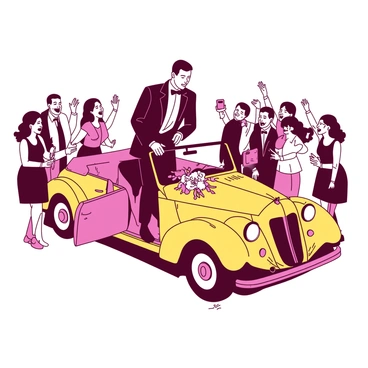 A groom in a classic black tuxedo is stepping out of a beautifully decorated vintage car at the wedding venue. The car is yellow with white ribbons tied to the side mirrors and a bouquet of flowers on the hood. Excited guests are gathered around, some holding smartphones to capture the moment, while others are smiling and cheering. The scene is filled with joy and anticipation as the groom is greeted with warm embraces and congratulations from friends and family.