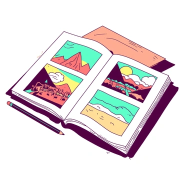 A white sketchbook is open on a wooden table, displaying pages filled with rough sketches. Each page features different photography scenes, including a vibrant sunset over a mountain range, a bustling city street filled with people, and a serene beach with gentle waves. A teal pencil rests beside the sketchbook, and a soft light illuminates the pages, highlighting the details of the sketches. The sketches vary in style, some with quick lines capturing movement and others with more defined outlines.