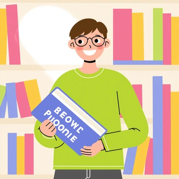 An author with short brown hair and glasses smiles broadly while holding their newly published book. The book has a bright blue cover with bold white text displaying the title. The author is wearing a cozy green sweater and is standing in front of a bookshelf filled with various colorful books. Behind them, there is a soft light illuminating the scene, emphasizing their joyful expression.
