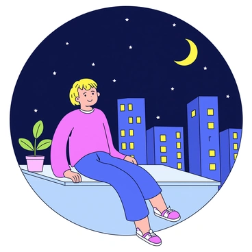A person sitting on a rooftop with their legs dangling over the edge. The person is wearing a casual outfit and has short hair. The city skyline is visible in the background, featuring tall buildings with glowing windows. The night sky is dark with scattered stars, and there is a bright crescent moon illuminating the scene. The rooftop is adorned with a small potted plant beside the person.