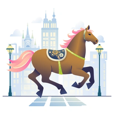 A steampunk horse with gears and metal plating galloping through a city