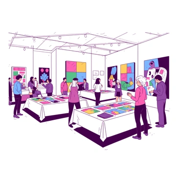 A white indoor exhibition hall filled with colorful displays of artwork. There are several illustrators standing behind their tables, engaging with visitors. Each table showcases a variety of illustrations, some framed and some laid flat. The walls are adorned with large prints of illustrations in vibrant colors. Shafts of light filter through the ceiling, illuminating the space and highlighting the creativity on display. Visitors are seen examining the artwork, taking notes, and discussing the pieces with the illustrators.