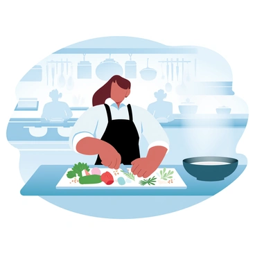 A woman chef is skillfully preparing a dish in a bustling kitchen. She is wearing a white chef's coat and a black apron, with her hair neatly tied back. A cutting board in front of her is filled with colorful vegetables, herbs, and spices. Steam rises from a pot on the stove, while a large frying pan sizzles beside her. In the background, other chefs are actively working at various stations, and kitchen utensils are hanging from the walls. Various pots and pans are arranged in an organized manner around her.