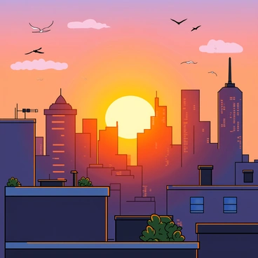 A vibrant sunrise casting a warm golden glow over a bustling city skyline. The sun is just peeking above tall buildings, creating long shadows and illuminating windows with a bright orange hue. The sky is painted with shades of pink, purple, and soft blue as the day begins. Silhouettes of birds can be seen in the distance flying across the sky. In the foreground, rooftops of buildings are dotted with antennas and small gardens, while a few clouds drift lazily above, reflecting the morning light.