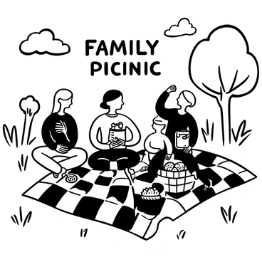 A skeleton family enjoying a picnic in a sunny park