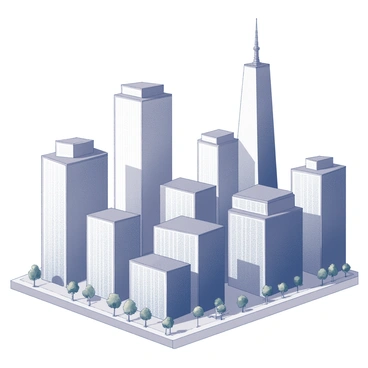 A cityscape featuring numerous glass buildings of varying heights and shapes. Each structure is designed with smooth surfaces and sharp angles, creating a modern and sleek appearance. The glass reflects sunlight, creating bright, shimmering patterns across the scene. The buildings cast intricate shadows on the ground below, adding depth to the city layout. In the foreground, there are streets lined with small trees and benches, creating a contrast with the towering glass structures. The sky above is clear, enhancing the reflective quality of the glass facades.