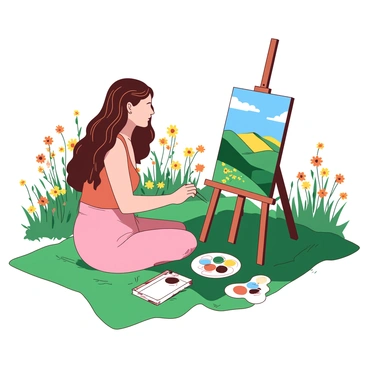 An artist with long brown hair is sitting on a green blanket in a peaceful meadow. She is focused on painting a vibrant landscape on a wooden easel in front of her. The easel holds a canvas displaying rolling hills and a bright blue sky. Surrounding the artist are wildflowers in various shades of yellow and orange, swaying gently in the breeze. A palette with a range of colors sits on the blanket beside her, along with a set of brushes neatly arranged. The sunlight casts dappled shadows across the scene, enhancing the serene atmosphere.