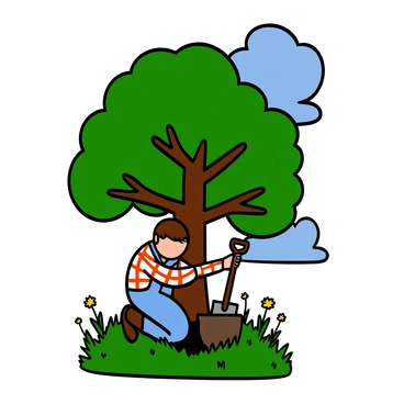 A farmer with light skin and short brown hair is kneeling beside a large oak tree, placing a time capsule into a hole in the ground. The oak tree has a thick trunk and sprawling branches, with lush green leaves providing shade. The farmer is wearing a plaid shirt, denim overalls, and brown boots. A shovel is resting against the tree, and the grassy ground is dotted with wildflowers. In the background, a clear blue sky can be seen, with a few fluffy clouds drifting by.