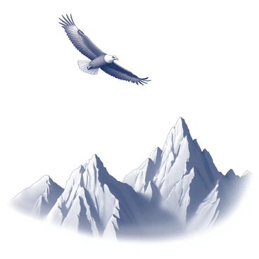 An eagle soaring high above a range of rugged mountains. The eagle has its wings spread wide, displaying its impressive wingspan. Below, the mountains are jagged and steep, with rocky peaks that reach into the sky. The scene captures the eagle in mid-flight, gliding effortlessly against the backdrop of the mountainous landscape. The sky is clear, emphasizing the elevation and freedom of the eagle as it navigates the heights.