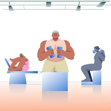 An art gallery with crisp white walls showcases several sculptures of human figures in various dumbbell chest press positions. In the center, a muscular figure, with smooth contours and defined muscles, is pressing dumbbells above their chest. To the left, a sculpted female figure with medium skin is lying on a bench, arms bent, with dumbbells resting at her sides. On the right, a dynamic pose features a figure in mid-press, showcasing tension in the arms and chest. The lighting in the gallery is bright, highlighting the intricate details of each sculpture, while a polished wooden floor reflects the artwork.