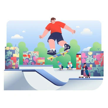 A skateboarder with short brown hair is mid-air performing a trick above a concrete ramp in an urban skate park. He is wearing a red T-shirt and black cargo shorts, with a skateboard featuring colorful graphics beneath him. Surrounding the ramp are tall graffiti-covered walls, adding vibrant colors to the scene. In the background, other skateboarders can be seen waiting for their turn, while a few spectators watch from nearby benches. The sky is clear and blue, providing a bright backdrop to the lively activity.