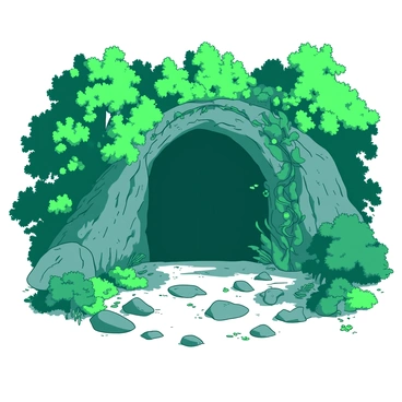 A hidden cave entrance is nestled within a dense forest of vibrant green trees. The cave mouth is slightly obscured by thick vines and foliage, creating an air of mystery. Sunlight filters through the leaves, casting dappled shadows on the rocky ground in front of the cave. Various plants and mosses grow around the entrance, adding to the natural beauty of the scene. The forest is alive with the sounds of chirping birds and rustling leaves, contributing to the secluded atmosphere.
