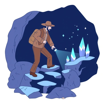 An explorer wearing a brown leather jacket and a rugged hat is stepping onto a series of dark gray rocks inside a cave. The cave walls are adorned with numerous glowing crystals, emitting a soft blue and white light that illuminates the surroundings. The explorer is holding a flashlight in one hand, casting a beam of light towards the sparkling crystals. The atmosphere is filled with a sense of adventure and wonder as the explorer carefully navigates the uneven terrain, glancing at the vibrant crystals that reflect the cave's illumination.