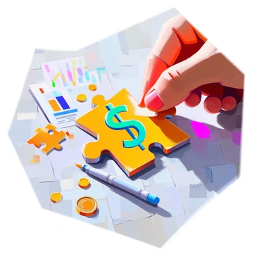 A close-up view of a puzzle piece shaped like a "dollar sign" being placed into a larger financial-themed puzzle. The dollar sign piece is vividly colored in shades of green and gold, contrasting against the surrounding pieces that feature various financial symbols and icons, such as graphs, coins, and calculators. The background reveals an unfinished puzzle, showing pieces interlocking with one another, emphasizing the theme of financial strategy and planning. The hand placing the dollar sign piece is visible, suggesting an active engagement in solving the financial puzzle.