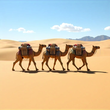 A caravan of three camels, each with beige fur and saddle blankets, is walking in a line across a vast desert landscape. The first camel has a large pack on its back filled with colorful fabric and baskets. The second camel carries wooden crates, while the last camel has bags tied securely to its sides. The sun casts long shadows in the golden sand, showcasing rolling dunes under a bright blue sky with a few fluffy white clouds. In the background, distant mountains can be seen, adding depth to the arid scenery.