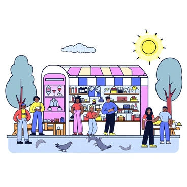 A pop-up store designed in a modern style with an open front, allowing customers to see inside. The store is filled with unique merchandise, including handmade crafts, colorful clothing, and quirky accessories. Various items are displayed on wooden shelves and tables, creating a vibrant atmosphere. In front of the store, a small crowd of diverse people is browsing, with some examining products and others chatting. The city square is bustling, with trees and benches nearby, and a few pigeons pecking at the ground. A bright sun shines overhead, casting playful shadows on the pavement.