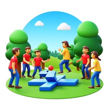 A group of coworkers engaging in a lively outdoor team-building challenge in a park. They are divided into teams, wearing matching T-shirts in bright colors. One team is working together to solve a large puzzle, while another team is racing through an obstacle course. Trees and green grass surround the activity area, with a blue sky overhead dotted with a few fluffy clouds. Laughter and excitement are evident on the participants' faces, showcasing their teamwork and camaraderie.