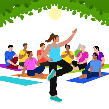 A yoga instructor in a light blue tank top and black leggings demonstrates a pose in front of a group of focused individuals. The instructor has flowing hair tied up in a bun. The group comprises individuals of varying ages and fitness levels, all wearing comfortable workout attire. They are arranged in a semi-circle, mimicking the instructor's pose with concentration. Above them, a sunlit canopy formed by green leaves gently filters sunlight, casting dappled patterns on the ground. In the background, colorful yoga mats are laid out, adding vibrant touches to the scene.