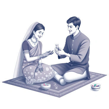 A couple is seated on a decorative floor mat, both wearing traditional Indian attire. The woman is adorned in a vibrant lehenga embellished with intricate patterns, while the man is dressed in a kurta with detailed embroidery. They are joyfully applying "mehendi" on each other's hands, with the woman delicately holding a cone filled with the henna paste. The design being created showcases floral patterns spiraling elegantly across their palms. Their expressions reflect happiness and warmth as they share this intimate moment, surrounded by small bowls of colorful decorations and traditional elements associated with the celebration.