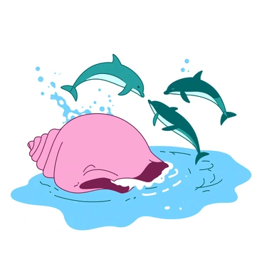 A pink conch shell is floating gracefully in the clear blue ocean water. Nearby, a group of teal dolphins are swimming playfully, leaping through the water with their sleek bodies glistening in the sunlight. The dolphins are interacting with each other, creating splashes as they swim around the conch shell. Tiny bubbles rise from the dolphins' movements, adding a dynamic element to the tranquil scene.