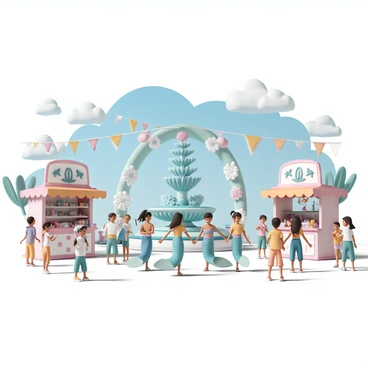 A lively mermaid festival taking place under a bright blue sky. The scene is filled with colorful decorations, including banners and streamers in shades of turquoise, coral, and gold. Several mermaids with shimmering tails in varying hues of blue, green, and purple dance together joyfully, their long hair flowing behind them. A group of children wearing festive attire watches in excitement, some clapping along to the joyful music that fills the air. Stalls adorned with seashells and starfish display various treats, and a large, intricately designed fountain surrounded by flowers serves as a centerpiece, creating a cheerful atmosphere.