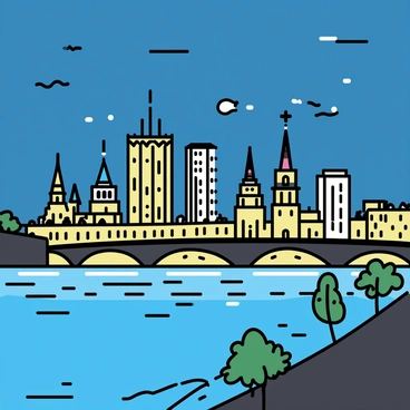 A night view of a Russian city, featuring tall, illuminated buildings with intricate designs. There are several bridges across a wide river, each adorned with bright lights that reflect in the water. The sky is deep blue, dotted with soft clouds. Some trees are visible along the riverbank, silhouetted against the city's glow. The scene conveys a vibrant urban atmosphere, with lights casting a warm glow on the streets below.