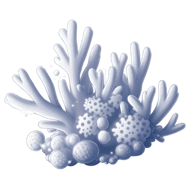 A detailed illustration of coral polyps in their natural habitat. The image shows clusters of coral polyps with their delicate, feathery tentacles extended, capturing sunlight and nutrients from the water. Each polyp is surrounded by intricate patterns of coral skeleton that showcase unique textures and shapes. Tiny marine organisms can be seen swimming around the coral, adding to the lively underwater scene. The composition captures the complex ecosystem of the coral reef, emphasizing the rich details and textures of the polyps and their surroundings.
