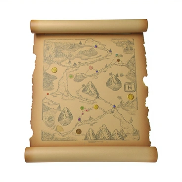A treasure map with intricate details, featuring a path that resembles the structure of a chromosome. The path is drawn with bold lines and connects various landmarks, including mountains, rivers, and forests. Along the way, there are small illustrations of treasures, such as gold coins and gems, placed at intervals. At the end of the path, there is a prominent "X" that marks the spot where the treasure is hidden. The background is aged parchment with faded colors, giving it an authentic, ancient look.