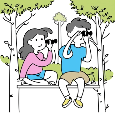 A boy and a girl sitting together in a treehouse. The boy, wearing a blue t-shirt and khaki shorts, is holding binoculars to his eyes, scanning the forest. The girl, dressed in a pink sweater and denim shorts, is leaning over the edge of the treehouse, also looking out with a pair of binoculars. The treehouse is made of wooden planks, surrounded by green leaves and branches, with sunlight filtering through the foliage. In the background, there are tall trees and greenery of the forest extending into the distance.