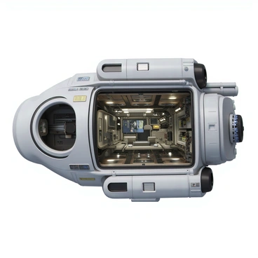 A cutaway view of a futuristic spacecraft, revealing a detailed interior filled with various components and systems. The central area showcases the cockpit with high-tech control panels and seating for the pilots. Along the sides, there are sections for life support systems, including oxygen tanks and environmental controls. The engine room is visible at the rear, featuring multiple thrusters and power conduits. Various corridors connect these sections, with pipes and wiring running along the walls. Illuminated panels and screens provide information throughout the interior, enhancing the high-tech atmosphere of the spacecraft.