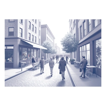 A busy street scene in Montreal. The foreground features a smooth, cobblestone street with pedestrians walking and conversing. Along the walls, there are large murals painted on the brick surfaces, depicting various artistic themes and characters. There are multiple storefronts with glass windows, showcasing items for sale, and small tables with chairs outside, inviting people to sit. Trees line the street, providing some shade and natural detail to the urban environment. People of diverse backgrounds are interacting and enjoying the lively atmosphere.