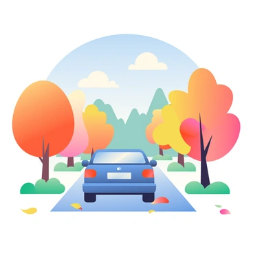A blue sedan is driving away down a straight road. The road is flanked by colorful autumn trees with orange, yellow, and red leaves, which are partially fallen on the ground. The car's taillights are glowing red as it moves forward. The sky is clear with a few fluffy white clouds scattered above. In the distance, there are more trees creating a vibrant backdrop against the blue sky. The scene captures the essence of a crisp autumn day.