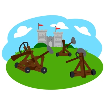 A collection of medieval siege engines, including catapults and trebuchets, positioned strategically on a grassy hillside. The catapults are made of dark wood, with large, curved arms poised for launching projectiles. The trebuchets are taller, featuring a counterweight mechanism and a long arm, ready to hurl heavy stones. Each siege engine is adorned with ropes and wheels, showcasing their intricate design. In the background, a stone castle looms, with banners fluttering in the wind, setting the scene for an impending assault. The sky above is bright with a few fluffy clouds, providing a vivid contrast to the earthy tones of the engines and the castle.