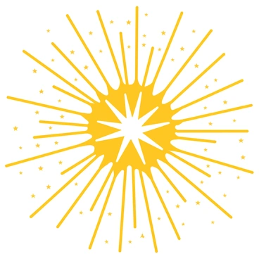 A starburst pattern with golden lines and small stars filling the radial background