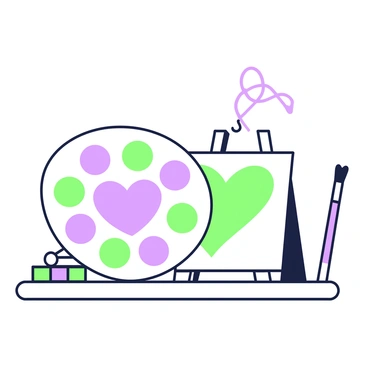 An artist's palette rests on a wooden table, featuring various spots of color blending together. The palette has a smooth, rounded shape with a thumb hole. Next to it, a canvas stands upright, showcasing a heart shape formed by merging colors. The heart is outlined sharply, illustrating the transition between shades. A paintbrush sits beside the palette, indicating recent use. The background displays a few tubes of paint scattered around, hinting at an ongoing creative process.